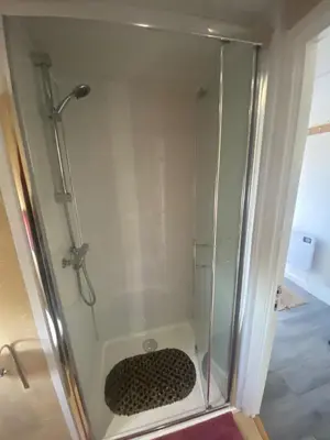 a shower with a glass enclosure with a dog coaster at Bethany Woodland Lodge in Winchburgh