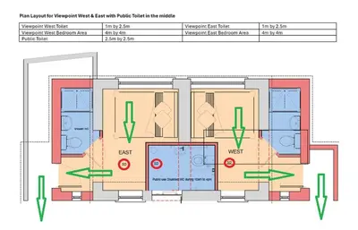 a floor plan of a building with green arrows at Viewpoint Pods in Dunollie