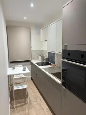a kitchen with stainless steel appliances and a table at Castle flat in Edinburgh in Edinburgh