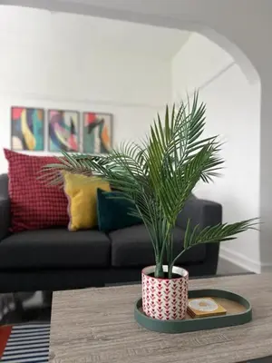 a potted plant sitting on a table in a living room at Clyde Fifty Two - Glasgow Apartment in Glasgow