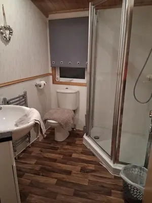 a bathroom with a shower and a toilet and a sink at Redwood lodge with luxury hot tub at Three lochs holiday park in Balminnoch