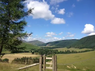 a fence in a green field with mountains in the background at Holiday Home Gehöft 4 by Interhome in Tweedsmuir