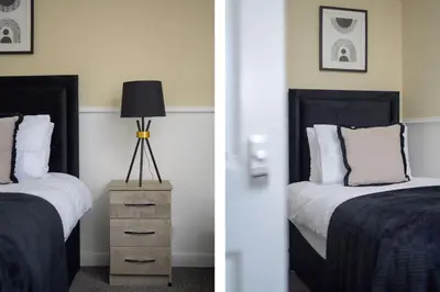 two pictures of a bedroom with a bed and a lamp at 2BR Sleeps 6 with Parking Near Linlithgow Palace in Linlithgow