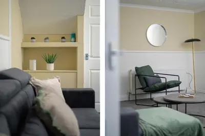a living room with a couch and a chair at 2BR Sleeps 6 with Parking Near Linlithgow Palace in Linlithgow