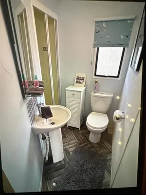 a small bathroom with a toilet and a sink at Sandylands caravan park in Stevenston