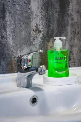 a green bottle of soap sitting on top of a sink at Burnvale Apartment in Livingston