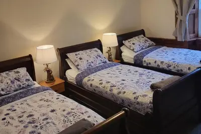 a bedroom with two beds and two lamps on tables at 3 Bed House - Mountain Views Bbq Firepit in Dunoon