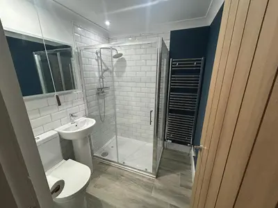 a bathroom with a shower and a toilet and a sink at 77 West Princes St, cosy 1 bed ground floor in Helensburgh