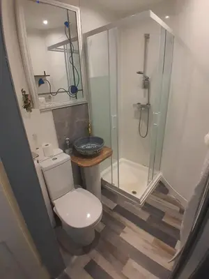 a small bathroom with a toilet and a shower at Warm Central Apartment by Meadows 7 in Edinburgh