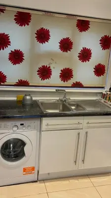 a kitchen with a sink and a washing machine at Peace Haven Hendon London NW4 in Moffat