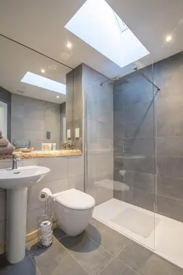 a bathroom with a shower and a toilet and a sink at The Steading In The Park in Stirling