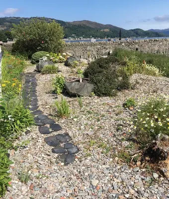 a stone path in a garden with flowers at Pier Cottage at Kames in Kames