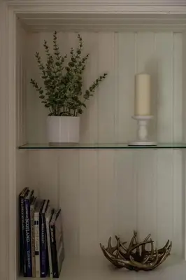 a shelf with a plant and a candle and books at Cosy Callander One Bed Apartment Wood Burner and Free Parking in Callander