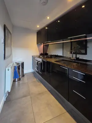 a kitchen with black cabinets and stainless steel appliances at Central London stylish 2-Bed House, with 2 terraces in Moffat