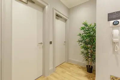 a hallway with a door and a potted plant at Destiny Scotland - Princes Street Residence in Edinburgh