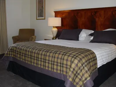 a bedroom with a bed with a checkered blanket at The Grange Manor in Grangemouth