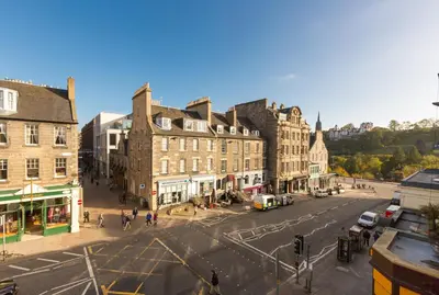 an aerial view of a city street with buildings at Rose Street Residence in Edinburgh