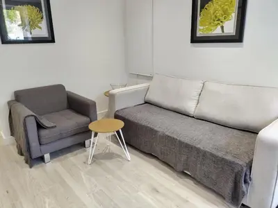a living room with a couch and a chair at Glasgow Hampden Garden Flat in Glasgow
