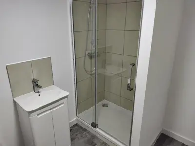 a bathroom with a shower and a sink at Glasgow Hampden Garden Flat in Glasgow