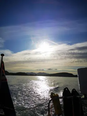 a boat in the water with the sun in the sky at Argyll Mansions in Oban