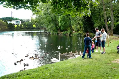 a family looking at ducks in a lake at Juniper Court in Stirling