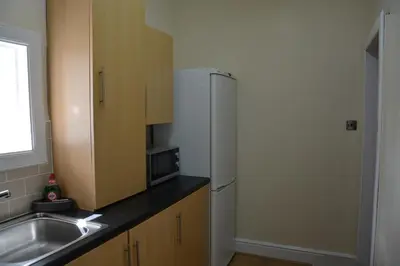 a kitchen with a refrigerator and a sink at Townhead Apartments Gallery View in Paisley