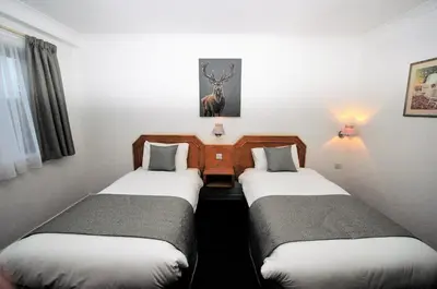 two twin beds in a room with two lamps at Days Inn Hamilton in Hamilton