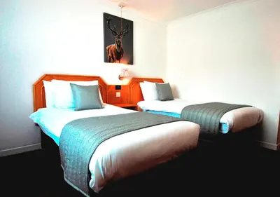 a hotel room with two beds and a picture of a deer at Days Inn Hamilton in Hamilton