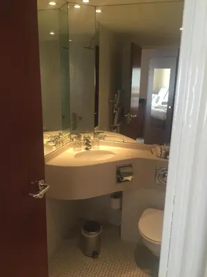 a bathroom with a sink and a toilet and a mirror at Alona Hotel in Motherwell