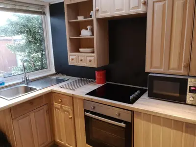 a kitchen with wooden cabinets and a sink and a microwave at Blair Drummond Holiday Home in Doune