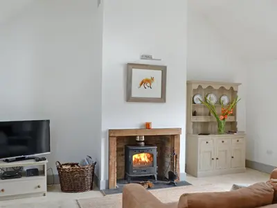 a living room with a fireplace and a tv at Geordies Byre in Mill of Fortune