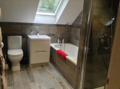 a bathroom with a toilet and a sink and a shower at The BurnHowf apartment in Balloch