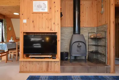 a living room with a television and a stove at Loch View Lodge in Dunoon
