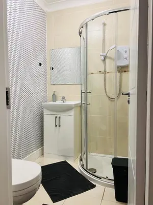 a bathroom with a shower and a toilet and a sink at Whiteley's Cottages in Dumbarton