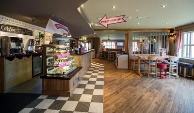 two images of a restaurant with a counter and a bar at Chain Runner, Livingston by Marston's Inns in Livingston
