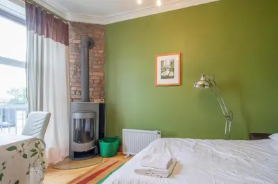 a green bedroom with a bed and a fireplace at Almada Apartment in Hamilton