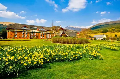 a field of yellow flowers in front of a building at Muthu Ben Doran Hotel in Tyndrum