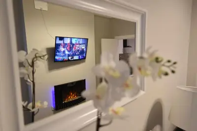 a living room with a fireplace and a tv on a wall at Slateford House Apartment Ground Floor Main Door in Edinburgh