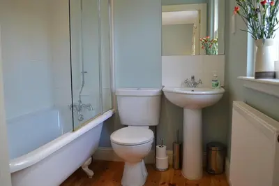 a bathroom with a toilet and a sink and a tub at Shelduck Cottage in Feorlean