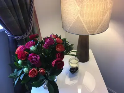 a vase of roses sitting on a table next to a lamp at 6 Beech Court in Dunblane