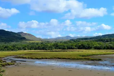 a river in a field with mountains in the background at Teal Cottage in Clachan of Glendaruel