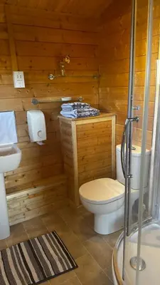 a bathroom with a toilet and a sink at Lochinvar - Highland Log Cabin with Private Hot Tub in Airdrie