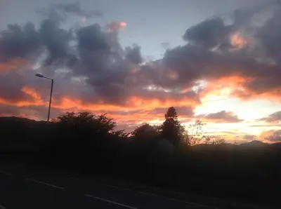a sunset with a tree and a street light at glenardran house in Crianlarich