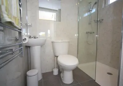 a bathroom with a toilet and a sink and a shower at Ivybank Cottage in Lochgoilhead