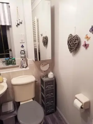 a bathroom with a toilet and a sink and a mirror at Homely Haven, Dunfermline in Dunfermline