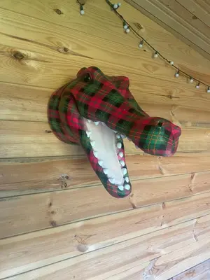 a mask of a fake teeth hanging on a wood floor at loch lomond apartments in Alexandria