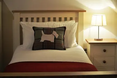a bedroom with a bed with a pillow and a lamp at The Old Coach House, Alltshellach Cottages in North Ballachulish