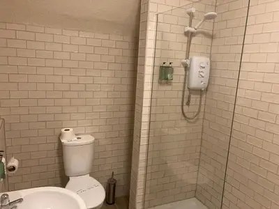 a bathroom with a shower and a toilet and a sink at Tullie Inn in Balloch