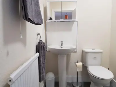 a small bathroom with a sink and a toilet at Charlotte Street 2 Bedroom Apartment in Ayr