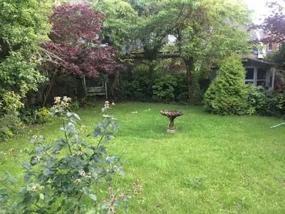 a garden with a bird bath in the grass at Newhall in Glasgow